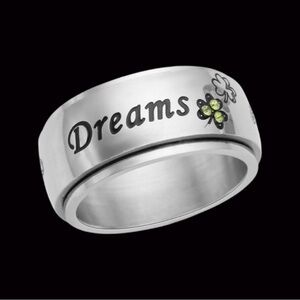 Green Austrian Crystal & Enameled Dreams Engraved Stainless Steel Spinner Ring